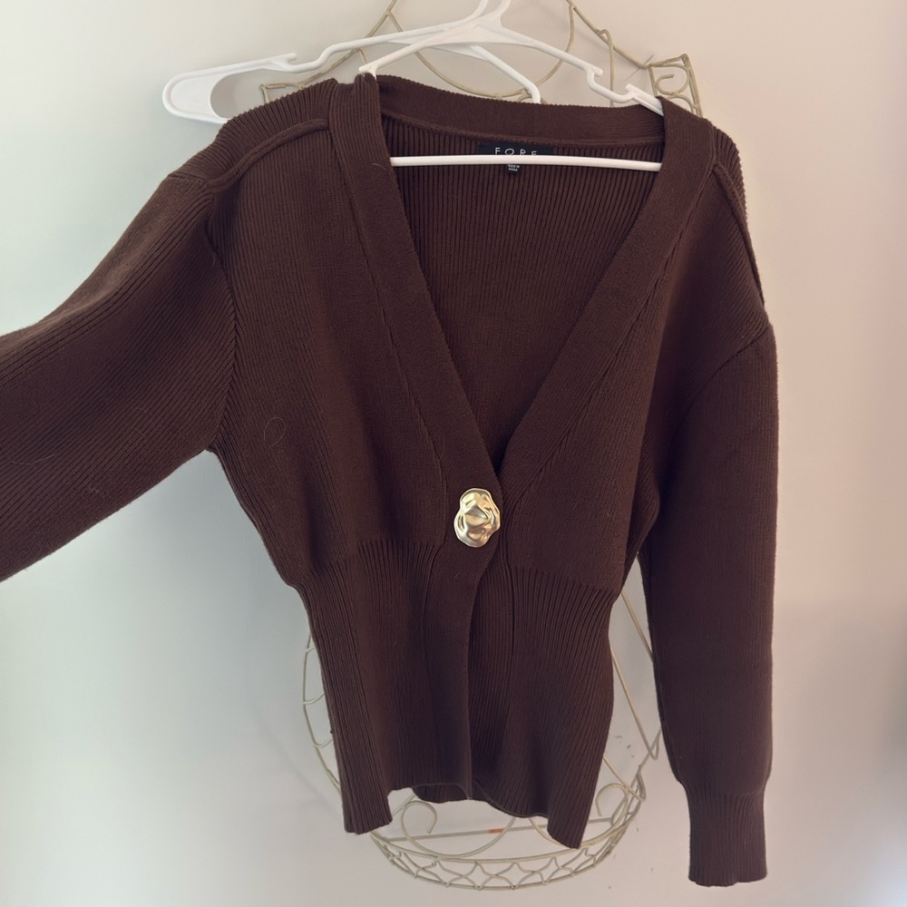 Elegant Brown Cardigan with Gold Accent
